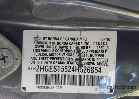 2004 Honda Civic Lx from USA, damaged, VIN 2HGES15524H526854